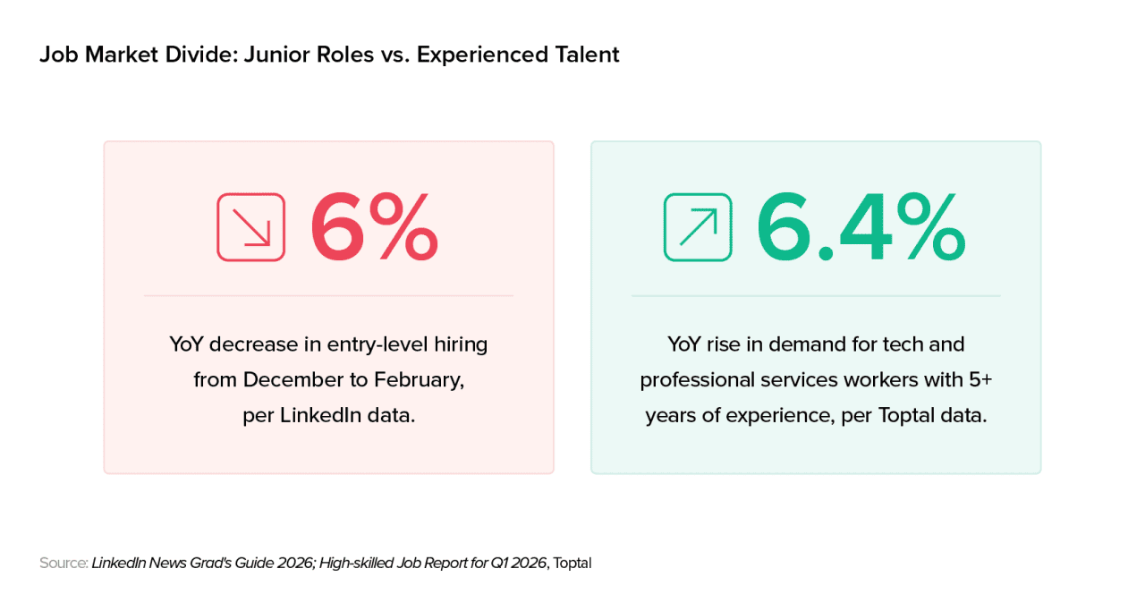 An infographic revealing data on the job market divide (junior roles vs. experienced talent).