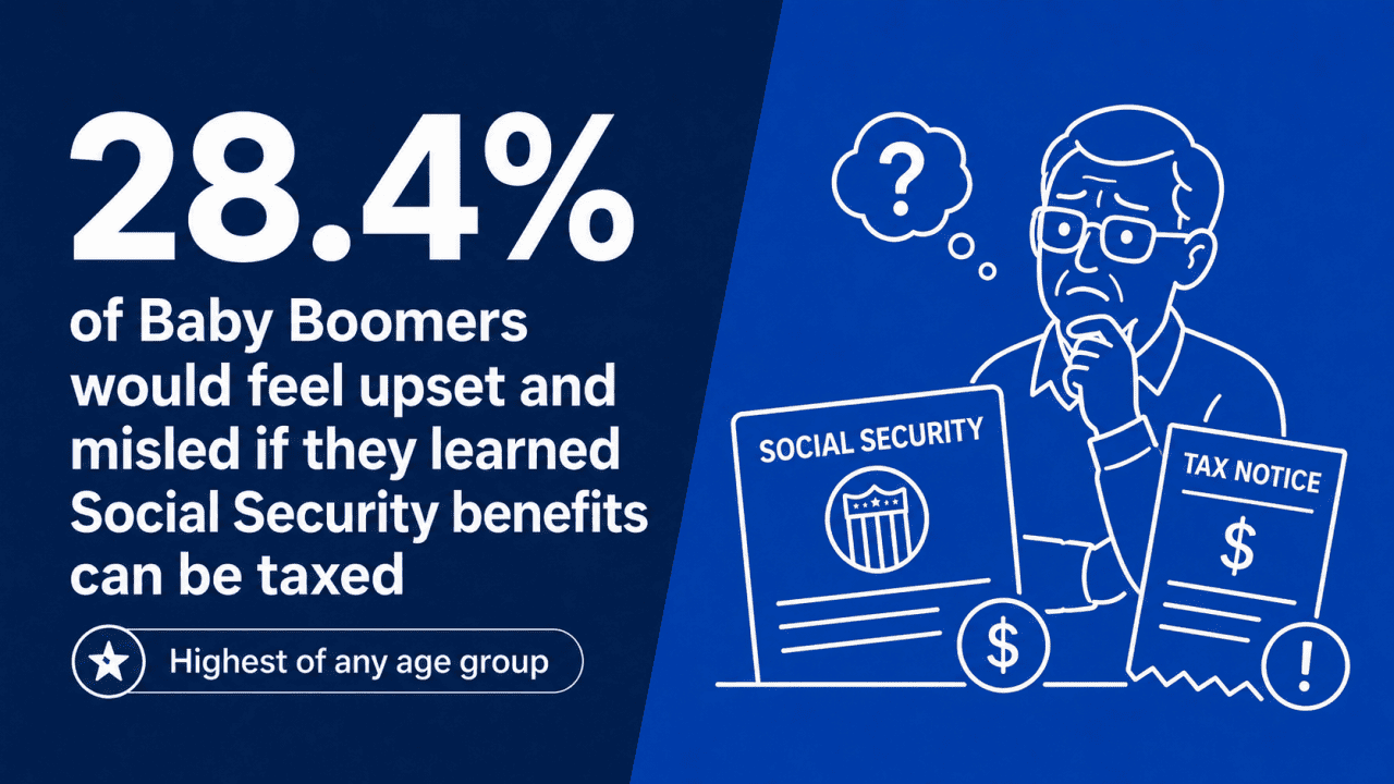An infographic stating that 28.4% of Baby Boomers would feel upset and misled if they learned Social Security benefits can be taxed.