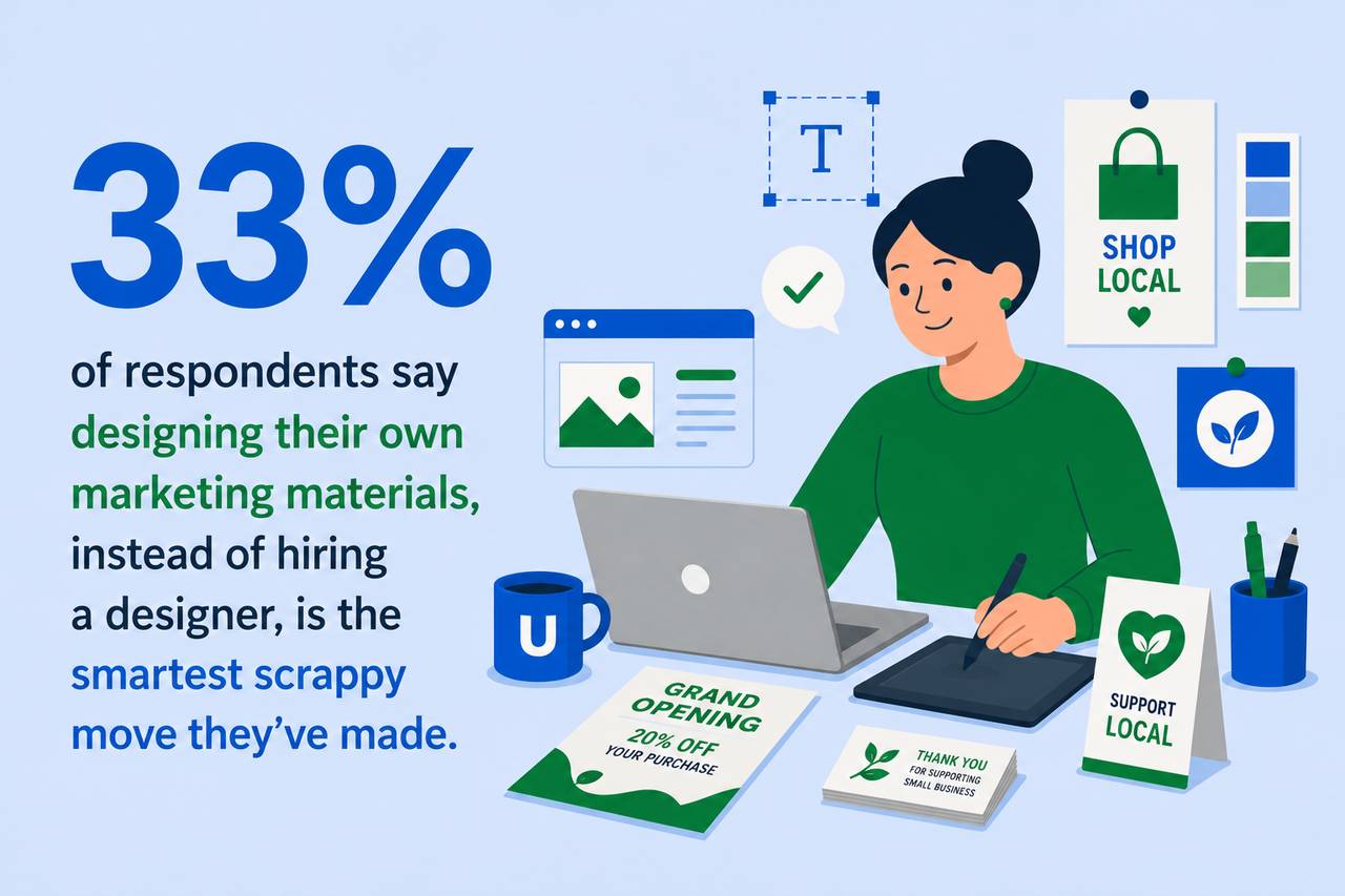 An infographic stating that 33% of respondents say designing their own marketing materials, instead of hiring a designer, is the smartest scrappy move they've made.