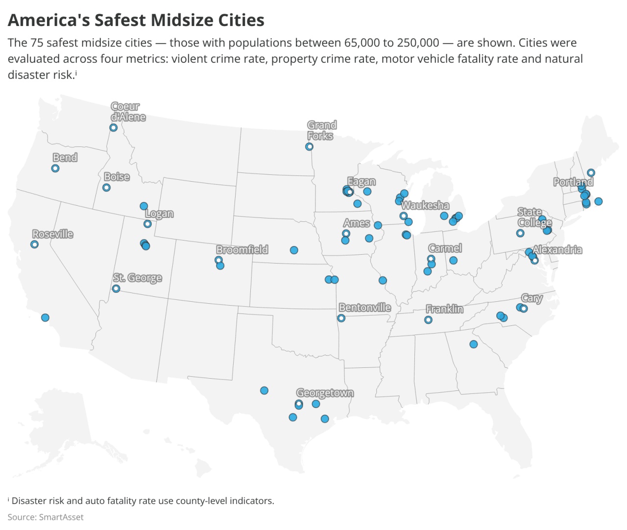 A map highlighting the 75 safest midsize cities in America.