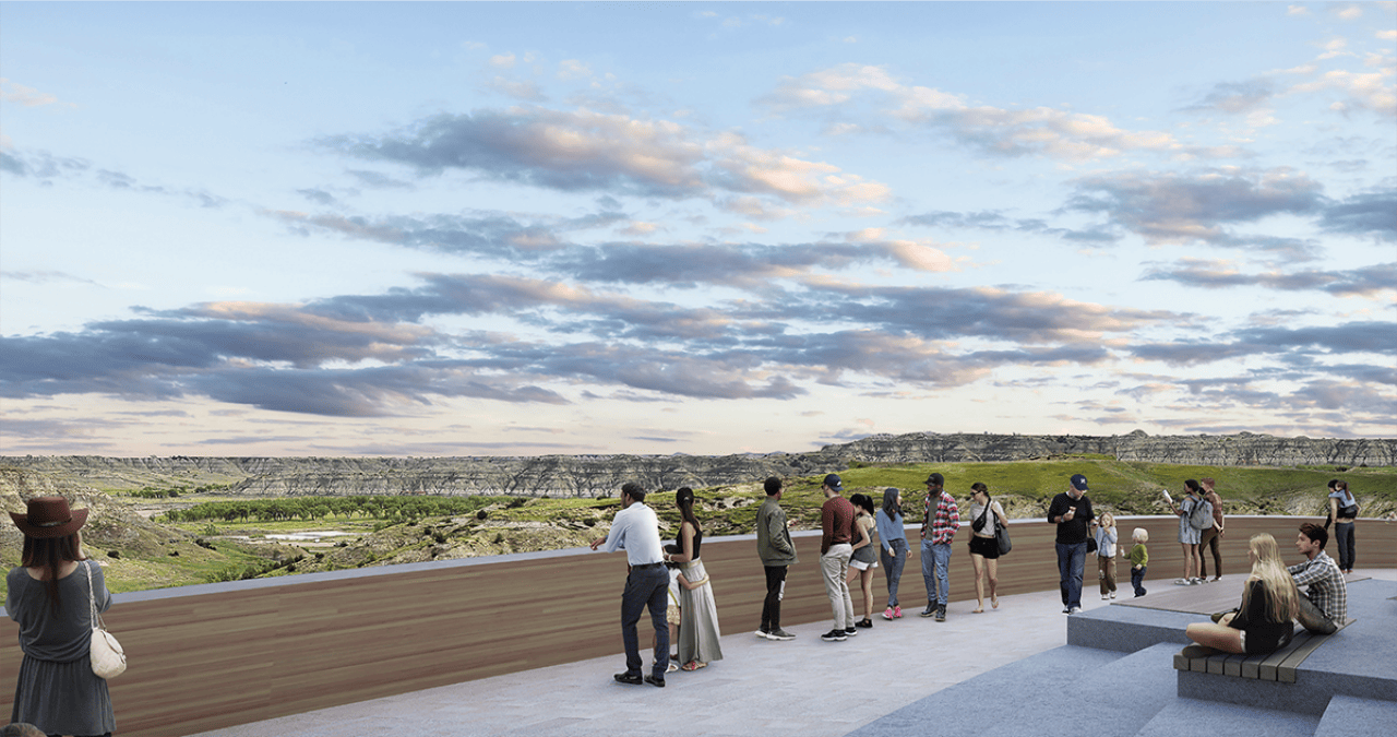 A rendering showing visitors to the roof of the Theodore Roosevelt Presidential Library with scenic North Dakota in the background.