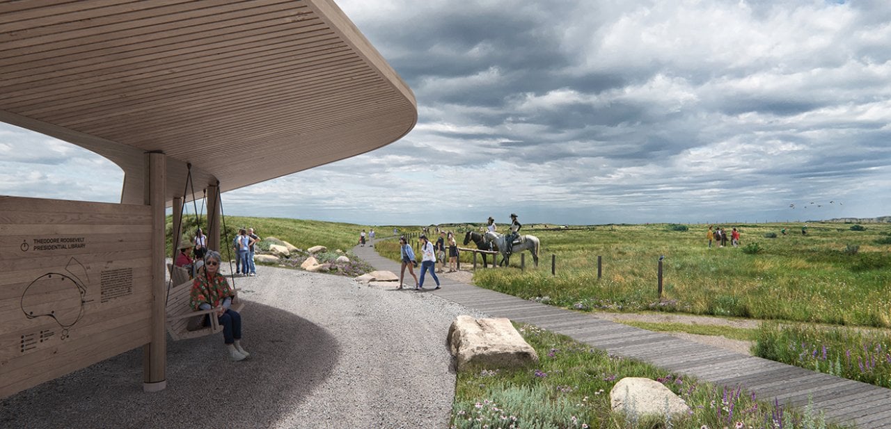 Rendering of visitors to the Theodore Roosevelt Presidential Presidential Library including two on horseback, crossing the Maah Daah Hey Trail nearby.