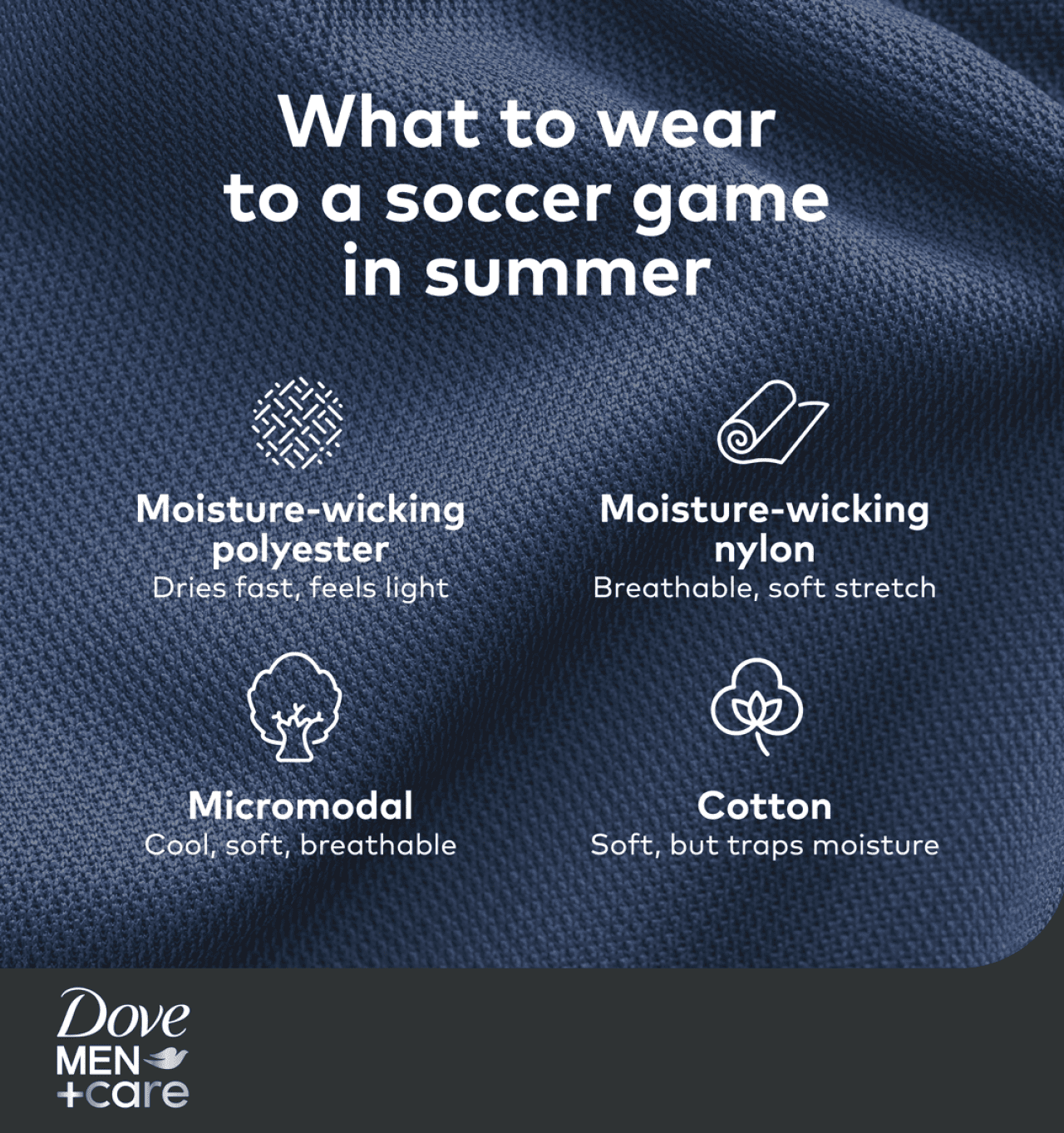 An infographic listing types of apparel material to wear to a soccer game in summer.