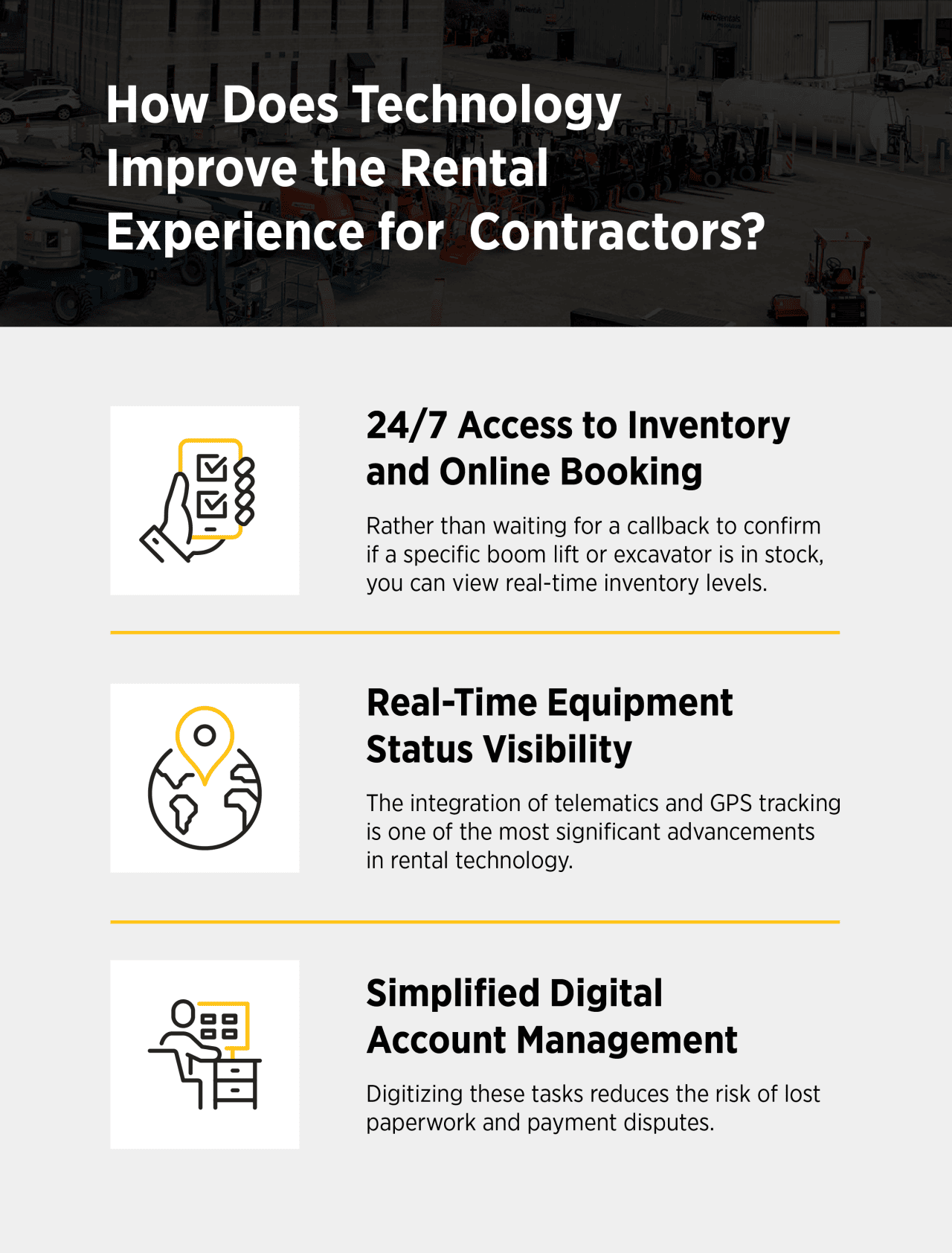 An infographic listing how technology improves the rental experience for contractors.