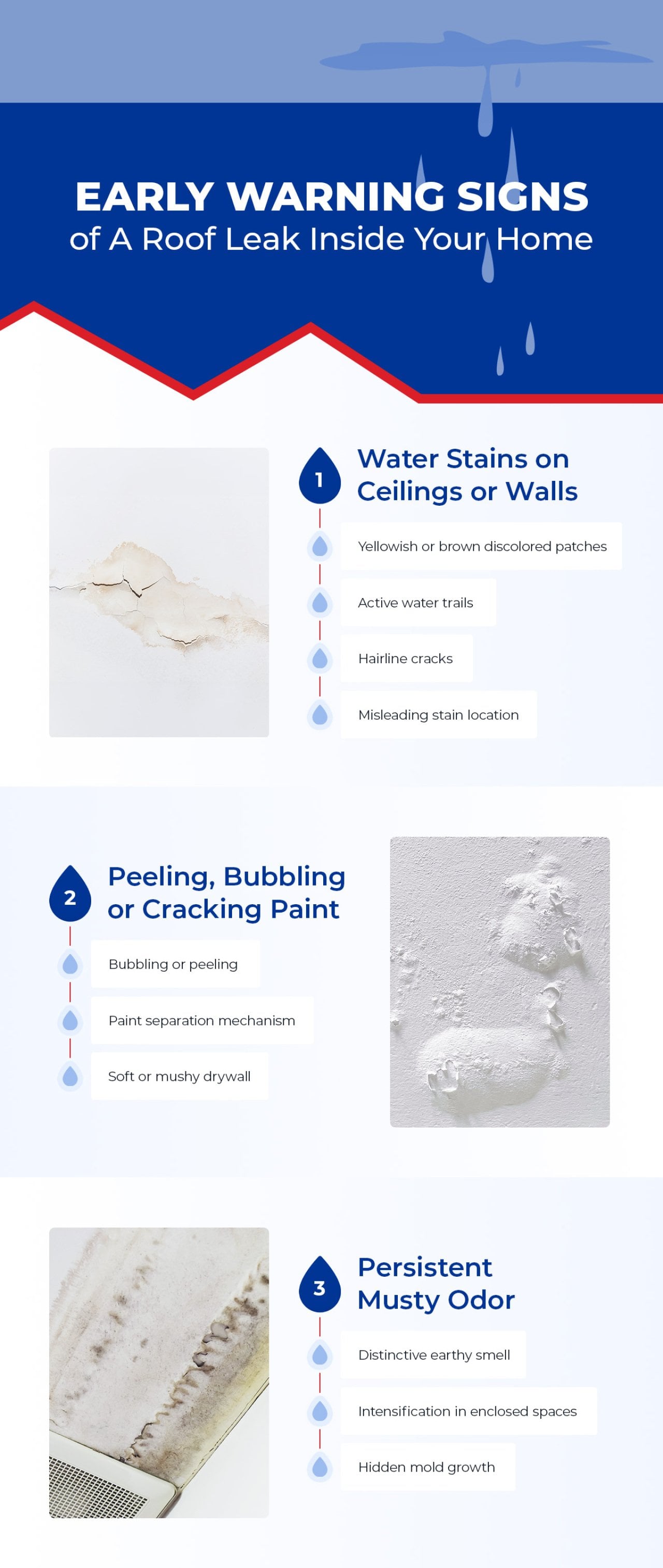 An infographic showing the early warning signs and things to check of a roof leak in a home.