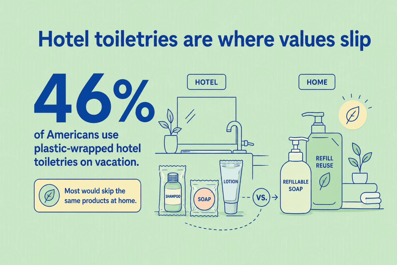 An infographic stating that 46% of Americans use plastic-wrapped hotel toiletries on vacation.
