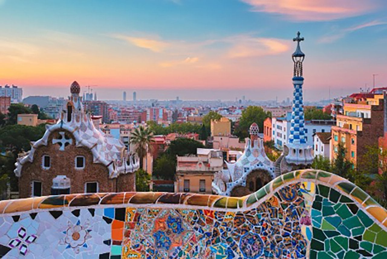 A panoramic view of Park Güell in Barcelona, Spain.