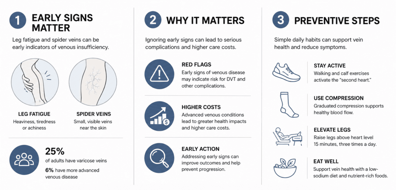 An infographic on the early signs and preventive steps of Chronic Venous Insufficiency (CVI).