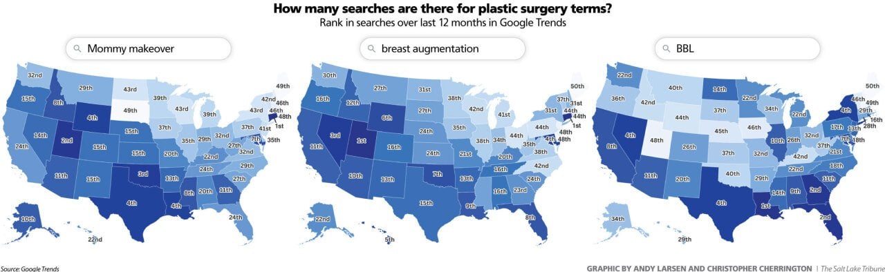 Three U.S. maps showing the ranks in searches in different states in Google trends for the terms,