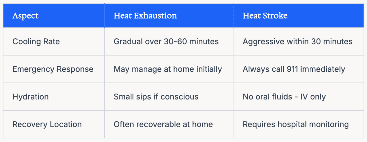 A table comparing the care protocols between a heat exhaustion and a heat stroke.