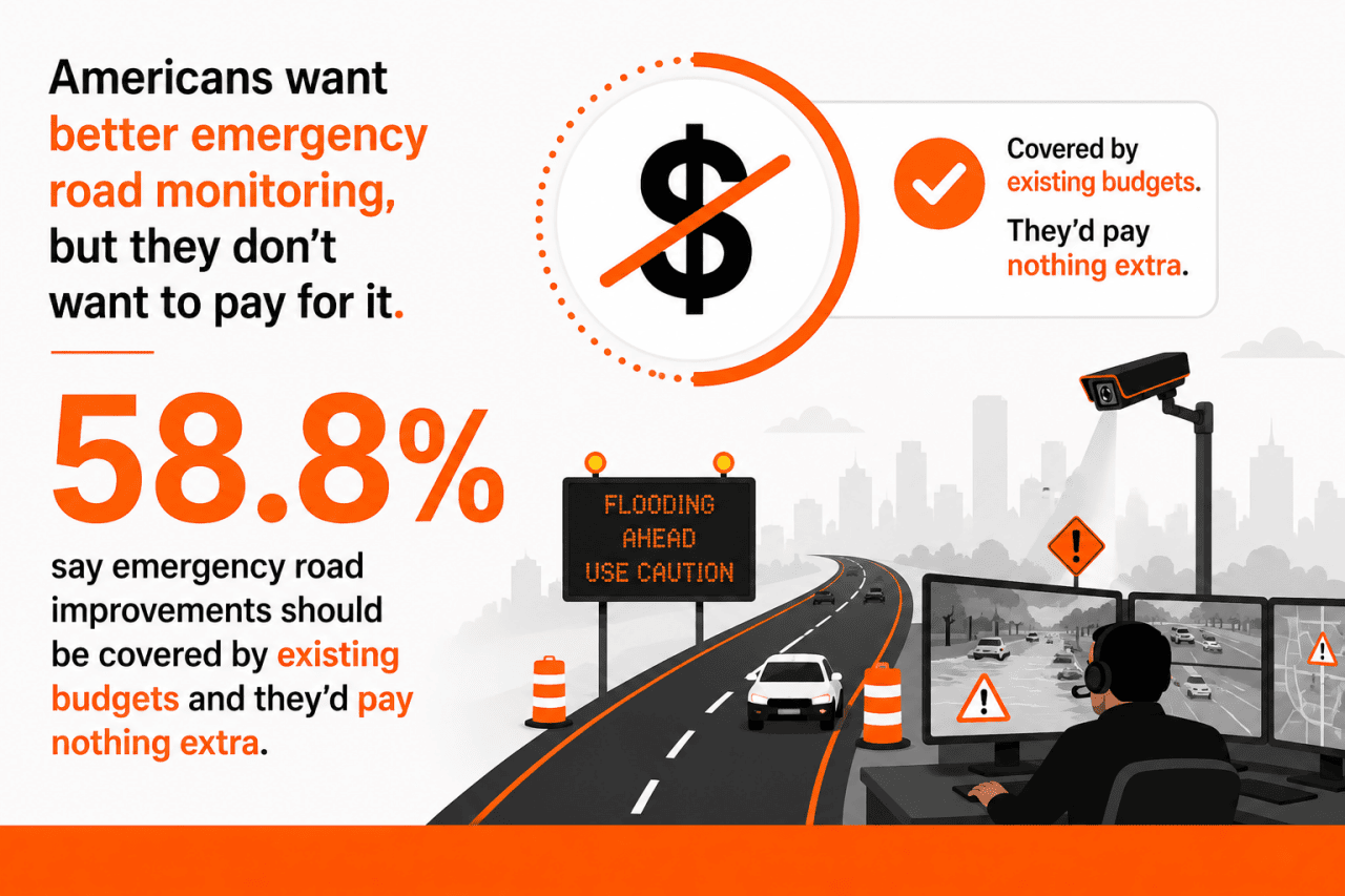 An infographic stating that 58.8% say emergency road improvements should be covered by existing budgets and they'd pay nothing extra.