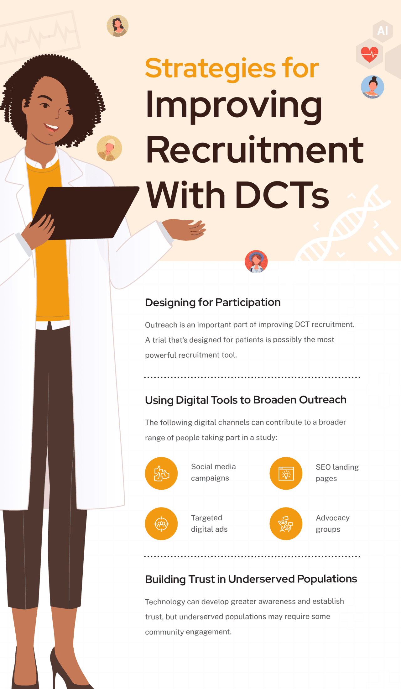 An infographic defining the strategies for improving recruitment with DCTs.