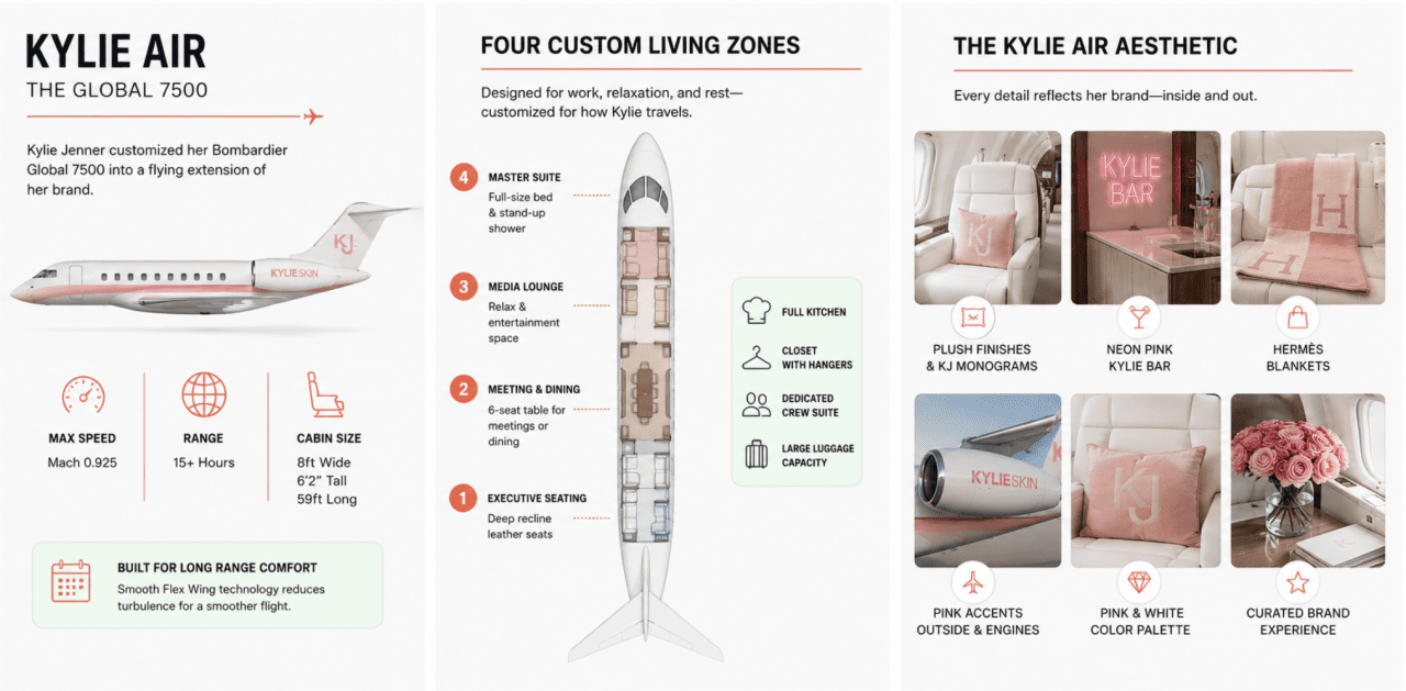 An infographic detailing Kylie Jenner's Global 7500 plane.