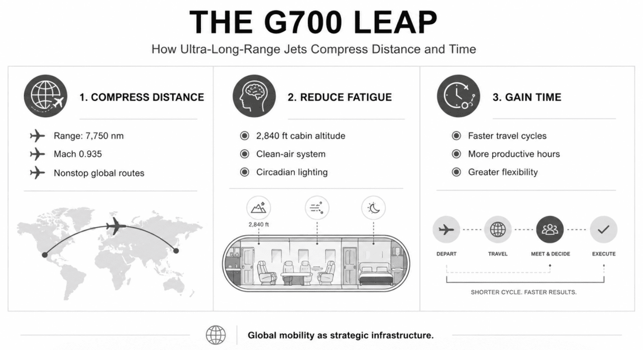 An infographic on how ultra-long-range jets compress distance and time.