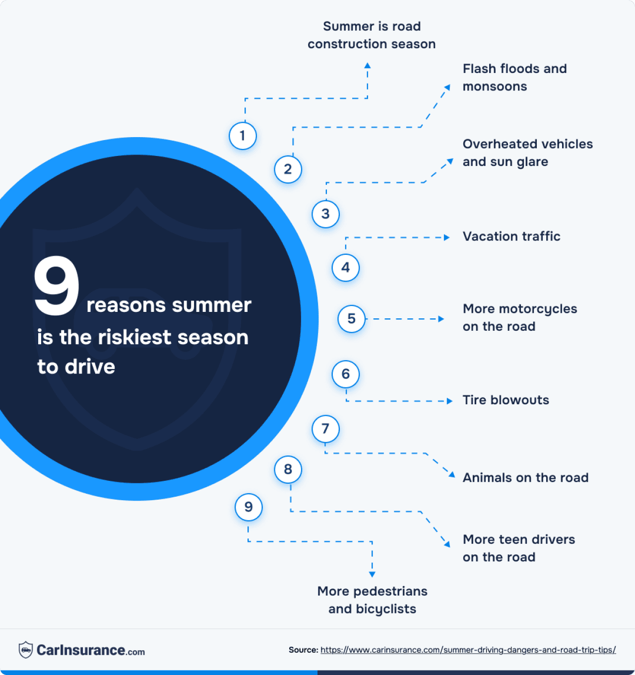 Infographic listing the top 9 reasons summer is the riskiest season to drive.