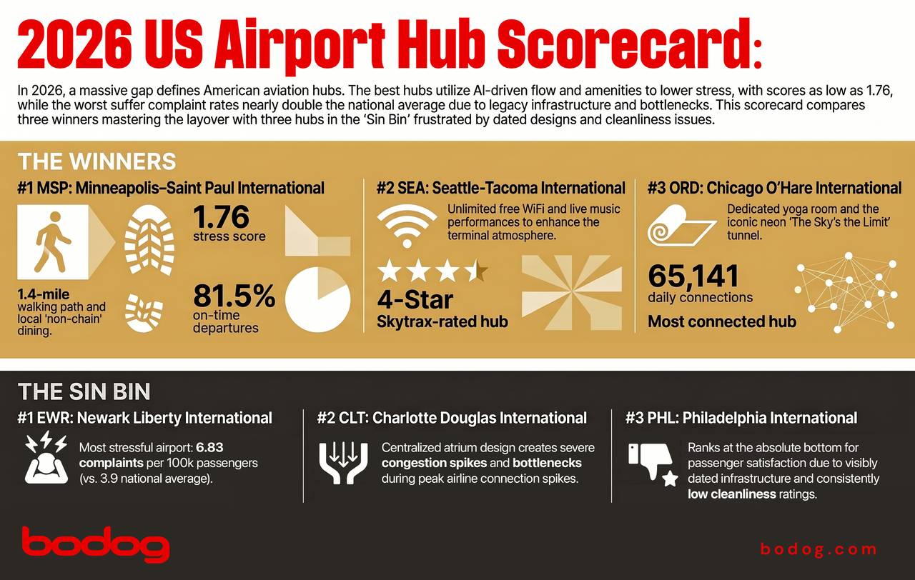 An infographic revealing the 2026 US airport hub scorecard. Ranked #1 is Minneapolis-Saint Paul International Airport with 1.76 stress score and 81.5% on-time depatures.