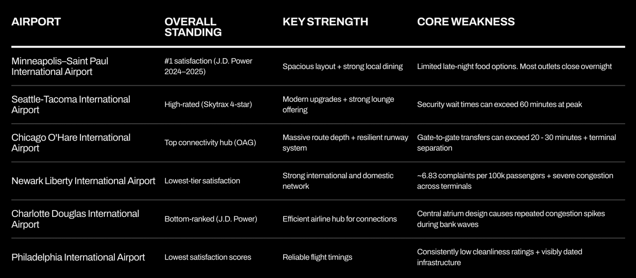 Table comparing the top US airport hubs based on key strengths and core weaknesses.
