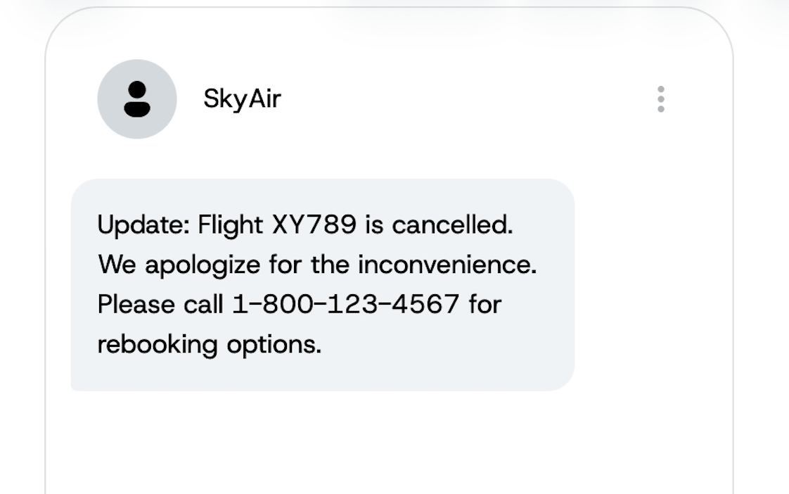 A sample cancelled flight notification message.