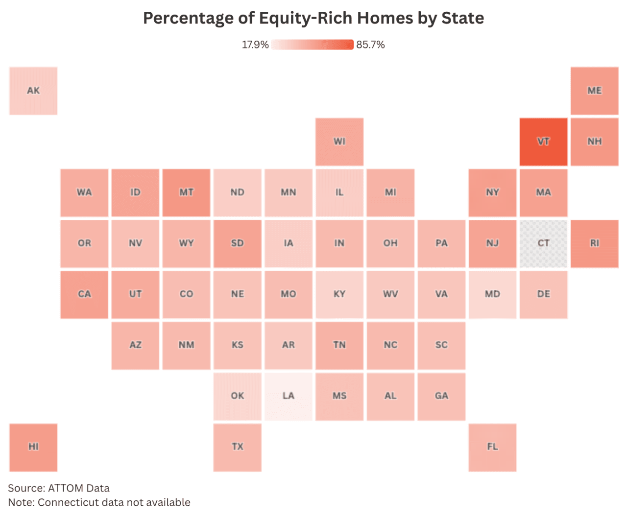 Data map of the US revealing percentage of equity-rich homes by state.