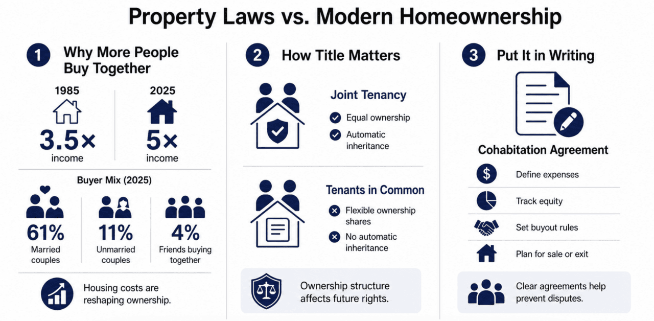 An infographic comparing key details between property laws and modern homeownership.