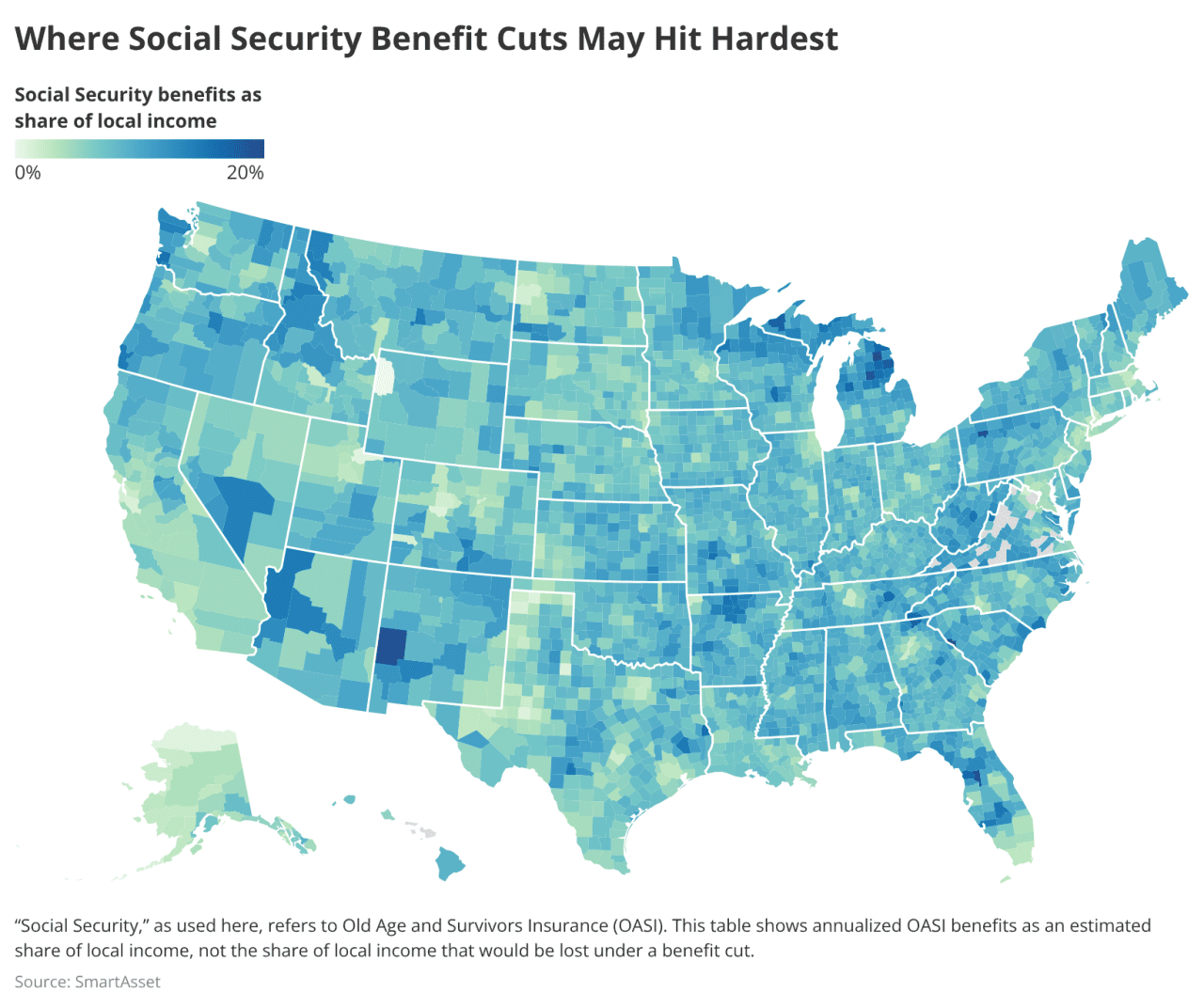 A map showing the geographic distribution of Social Security benefits as a share of local income across the United States.