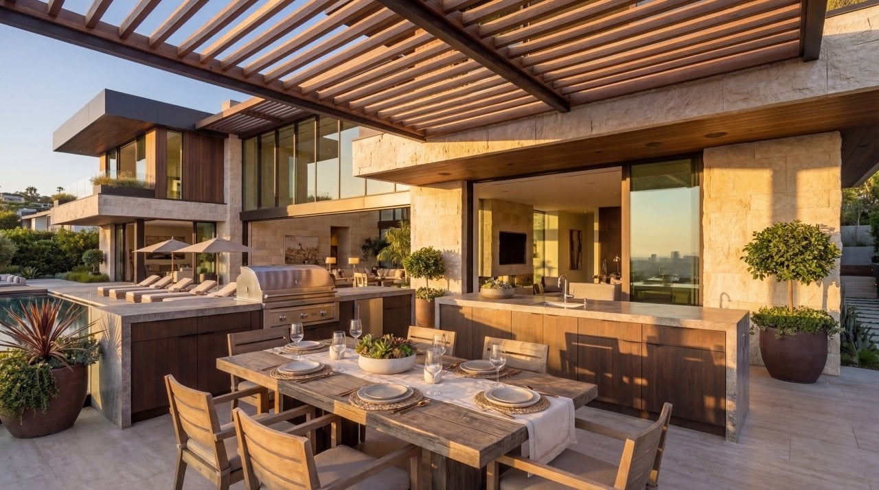 Modern backyard with a pool, shaded outdoor kitchen with grill and a dining table set for 6 with linens and plates in the foreground.