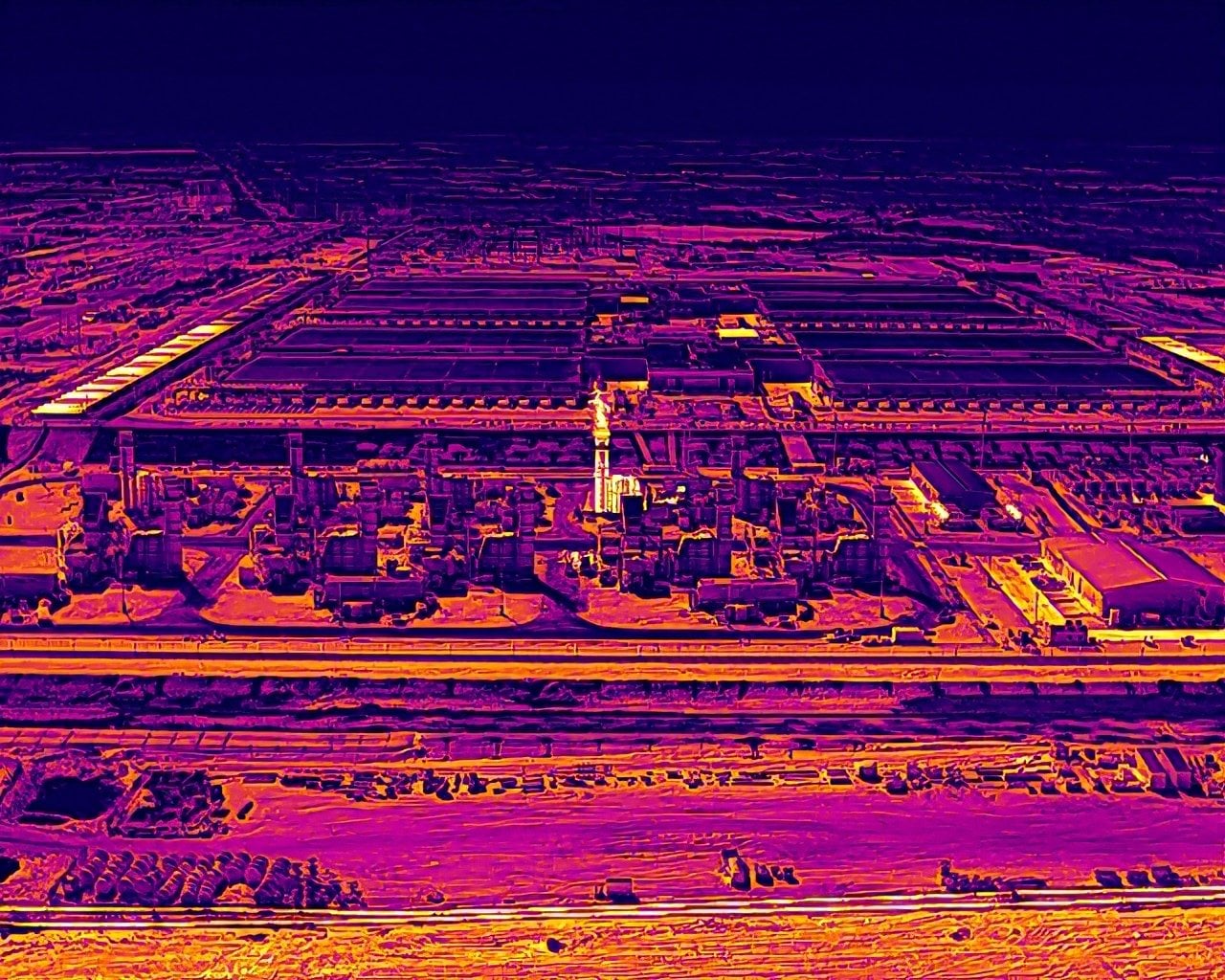 Thermal imagery shows one of Stargate’s 10 gas-fired turbines in operation in late March. The turbines emit large amounts of greenhouse gases and other harmful air pollutants.