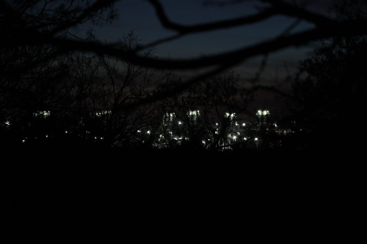 Stargate’s gas-powered turbines seen at night use bright lights reminiscent of stadium lights, as seen from Omaira Garcia’s property line.