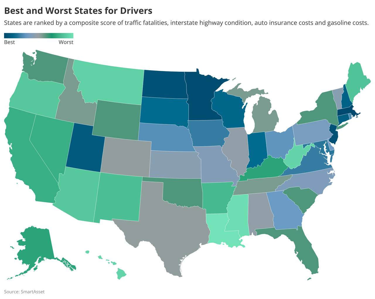 A U.S. map chart showing the best and worst states for drivers.
