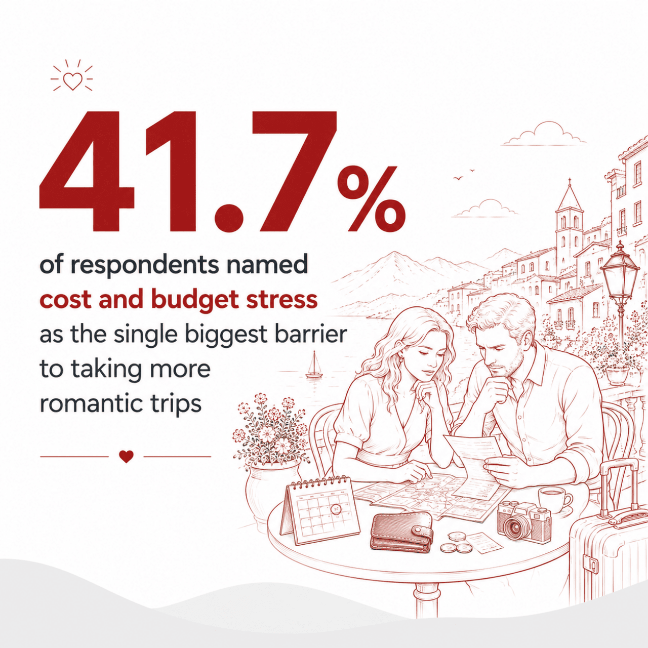 A poster showing a survey result that labeled cost and budget stress as the biggest barrier for taking more romantic trips.