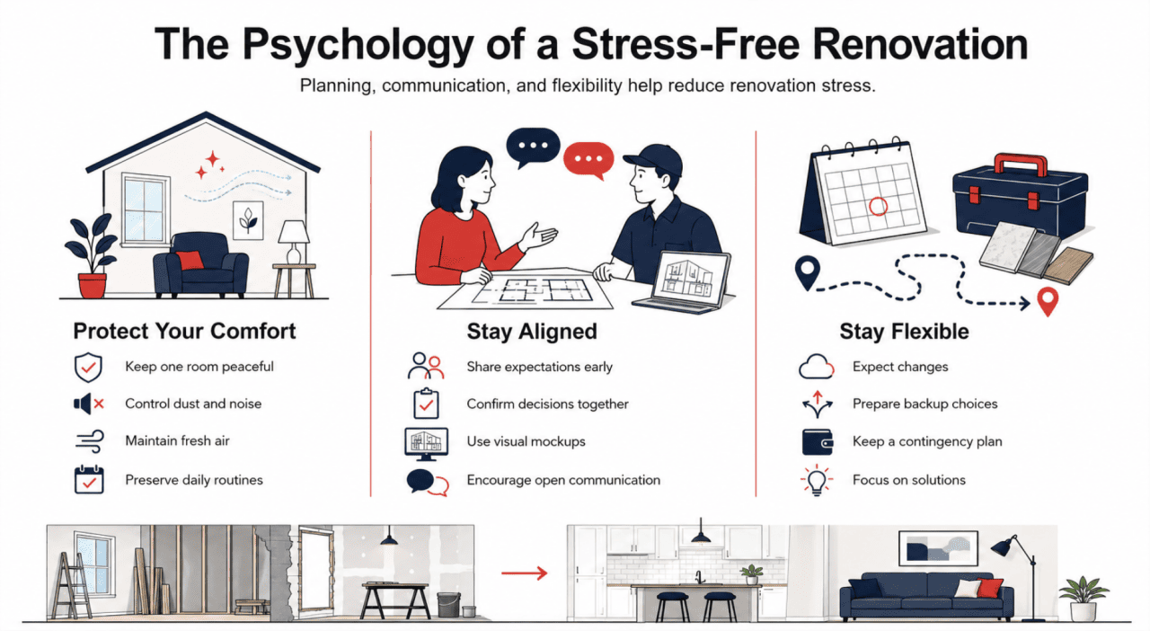 An infographic showing the psychology of a smooth and stress-free home renovation.