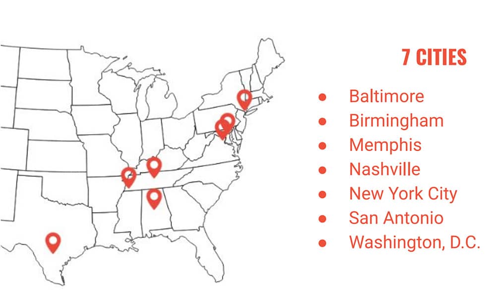 Map showing the the Summer Boost program which began in New York City and the six additional cities it has spread to.