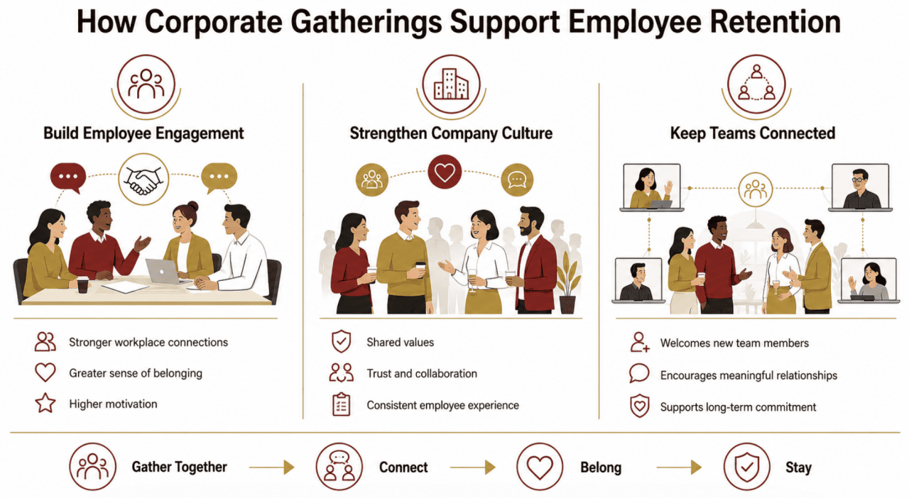 An infographic listing the ways on how corporate gatherings support employee retention.