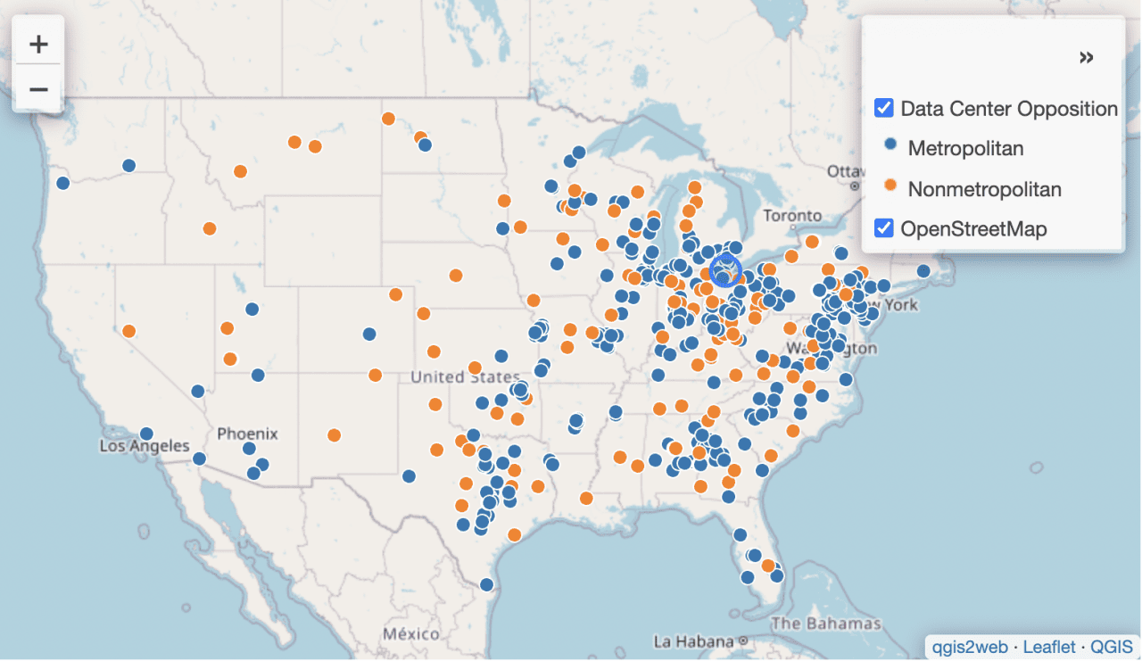 A map showing the Data Center Opposition areas across the United States.