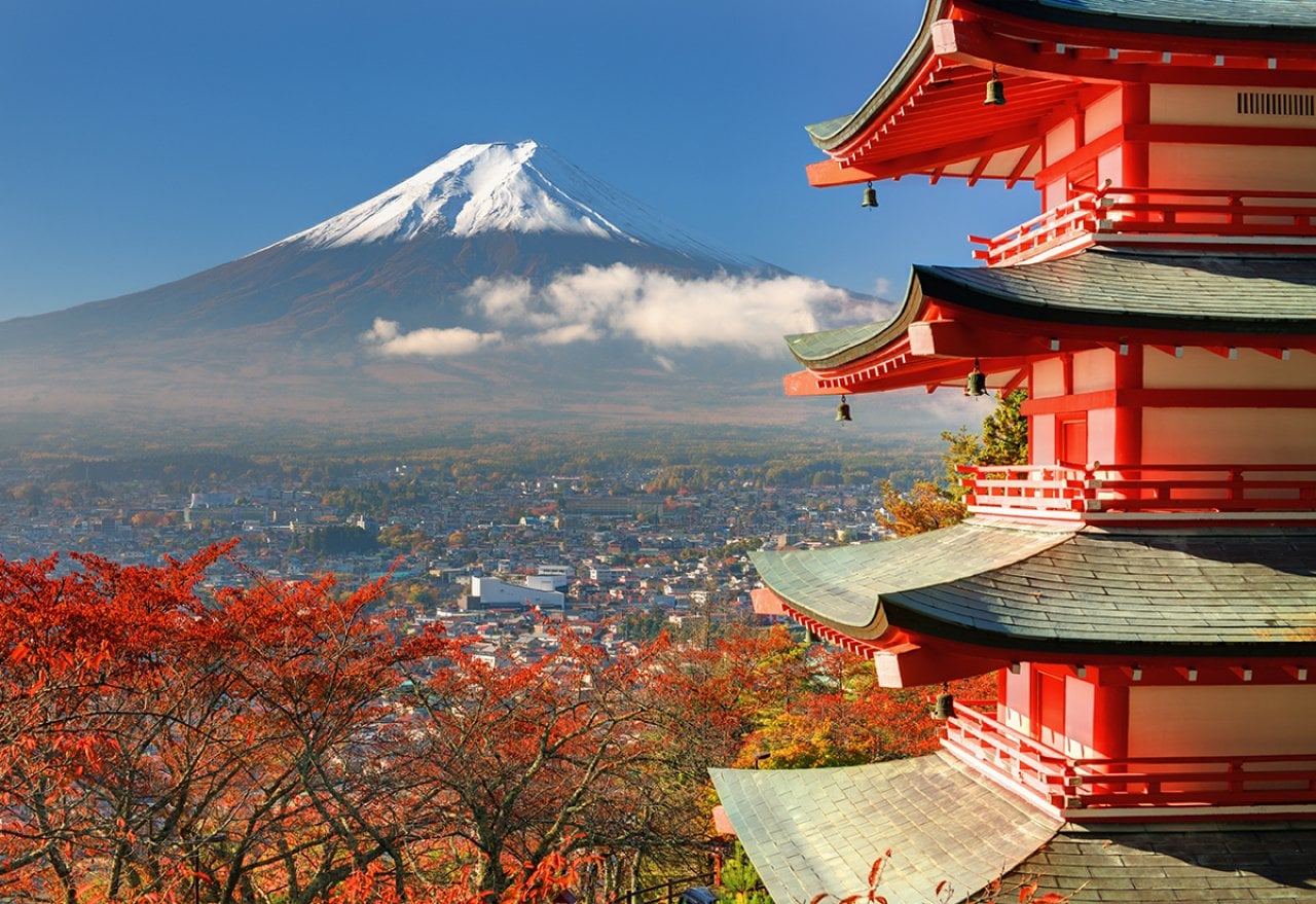 A view of Mount Fuji framed by the Chureito Pagoda in Japan.
