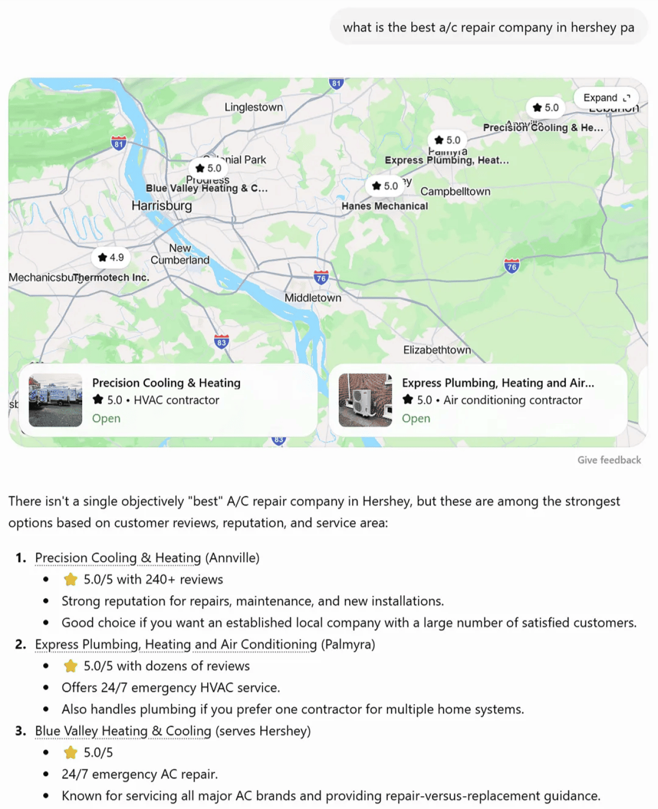 A screenshot of a local map, recommended homepages, and search results generated by an AI assistant for the best aircon repairs in a specific location.