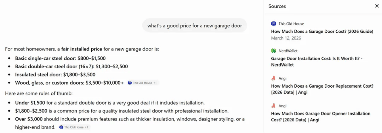 A screenshot showing the search results and sources generated by ChatGPT for a garage door pricing query.