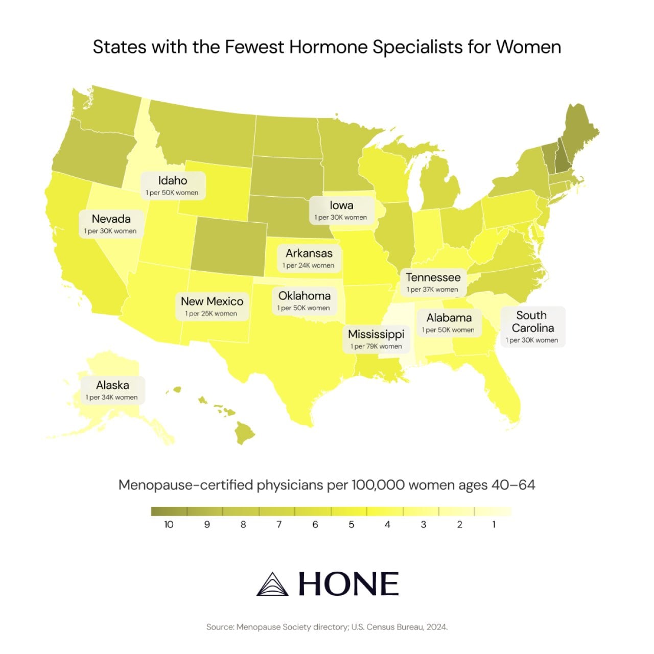 A U.S. map showing the states with the fewest hormone specialists for women.