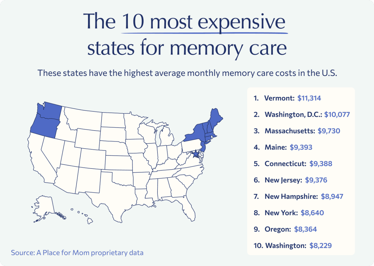 An infographic highlighting the top 10 most expensive states for memory care.