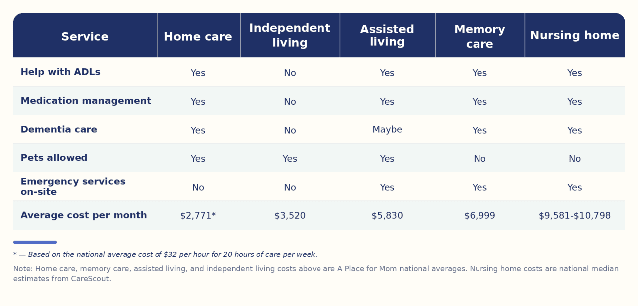 Table reporting on what services are included in each type of memory care.