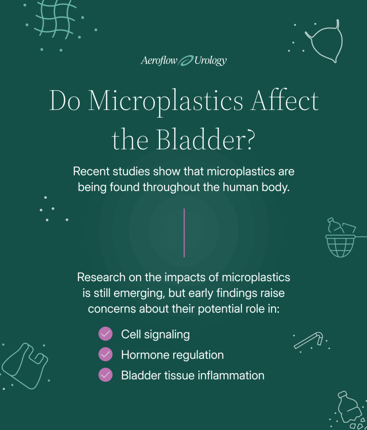 Infographic explaining microplastics' effects on bladder tissue, hormones, and cell signaling.