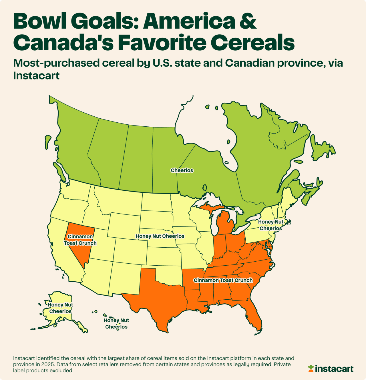 A map showing the most-purchased cereal by U.S. state and Canadian province.