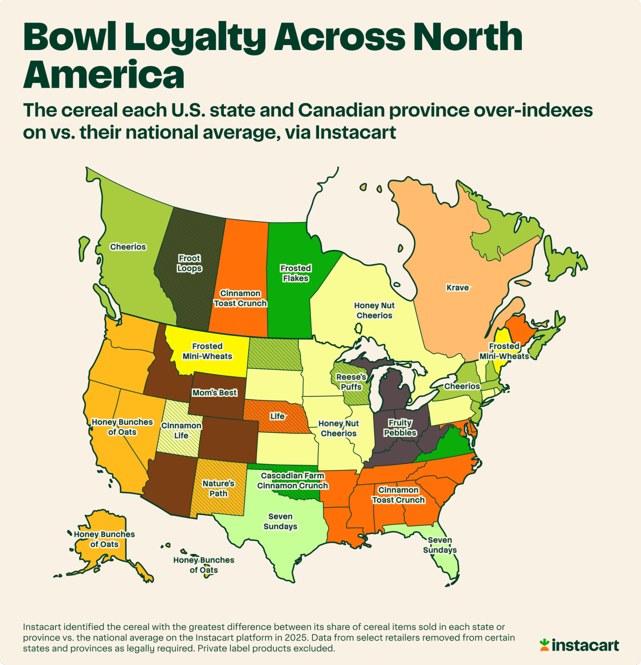 U.S. and Canada maps showing the cereals per state and province over-indexes versus the national average.
