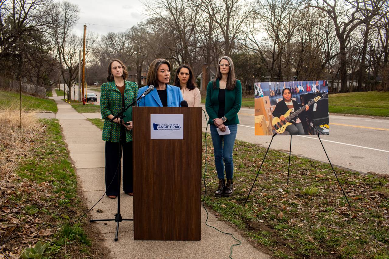 Rep. Angie Craig speaks at a press conference calling for Andrea Pedro-Francisco’s release from ICE custody Monday, April 13, 2026 on an intersection in Burnsville, Minnesota close to where Pedro-Francisco was detained by agents.