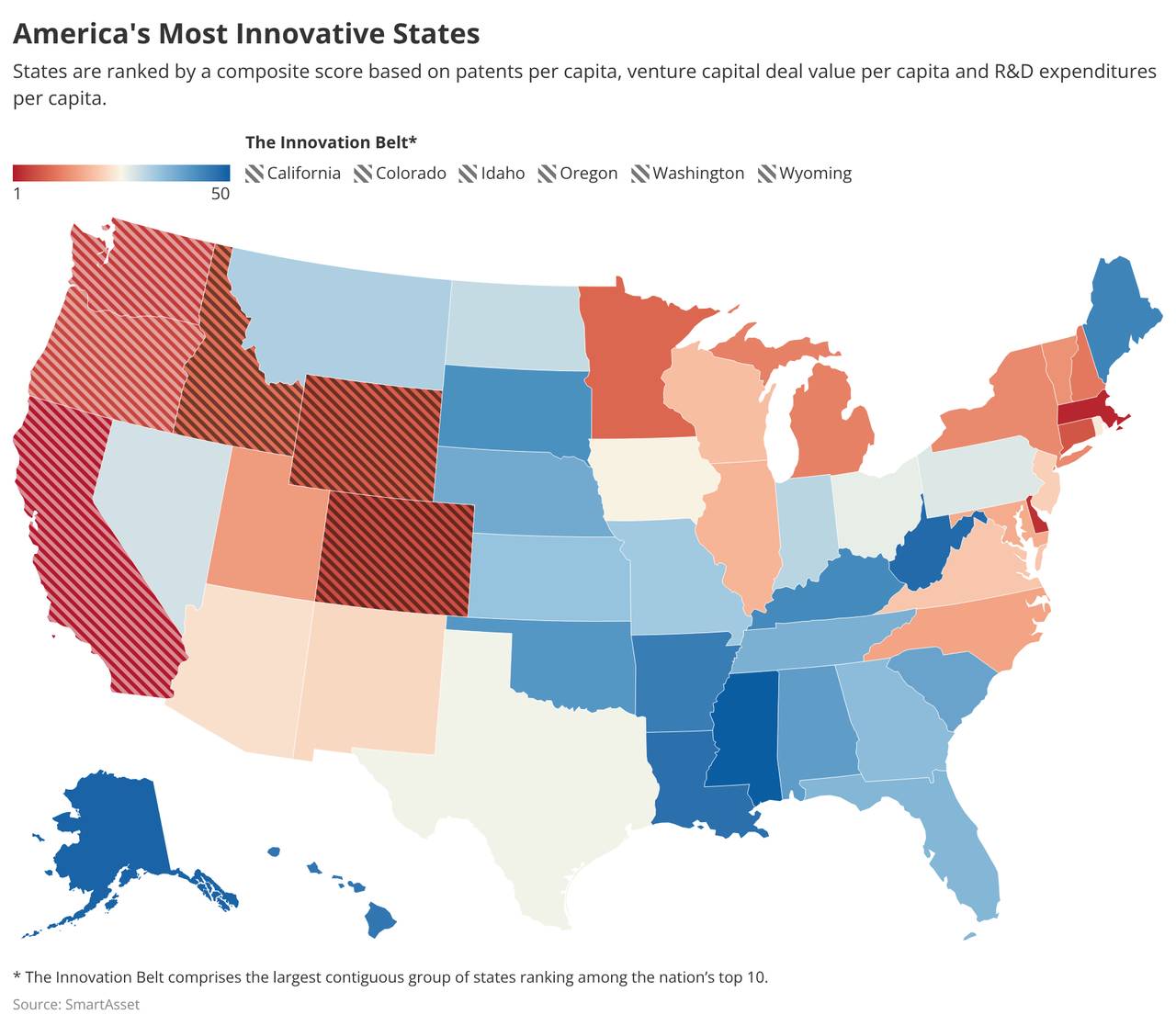 A data map of the US visualizing the most innovative states.