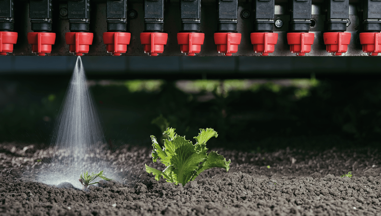A leafy plant getting sprayed by one of the 156 spraying nozzles on a Ecorobotix machine.