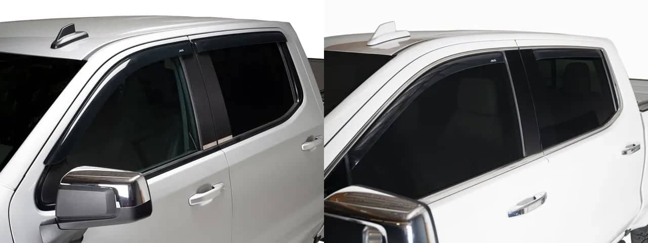 A side-by-side comparison of in-channel rain guards vs. stick-on rain guards.