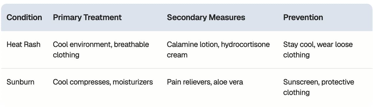 Table reporting treatment and management strategies for heat rash and sunburn.