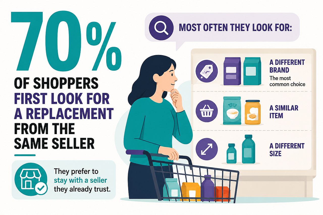 An infographic showing shoppers' behavior when an item needs a replacement or out of stock.