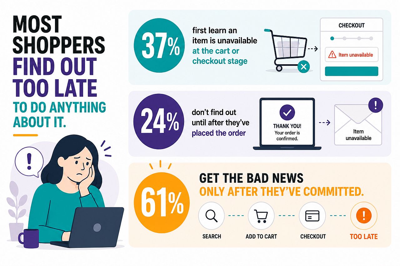 An infographic showing the timing of stock-out notifications during online shopping of shoppers.
